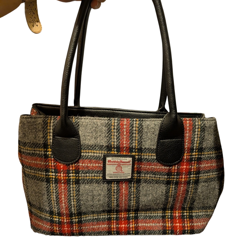 Harris Tweed Plaid Shoulder Bag in Gray and Red with Black Handles